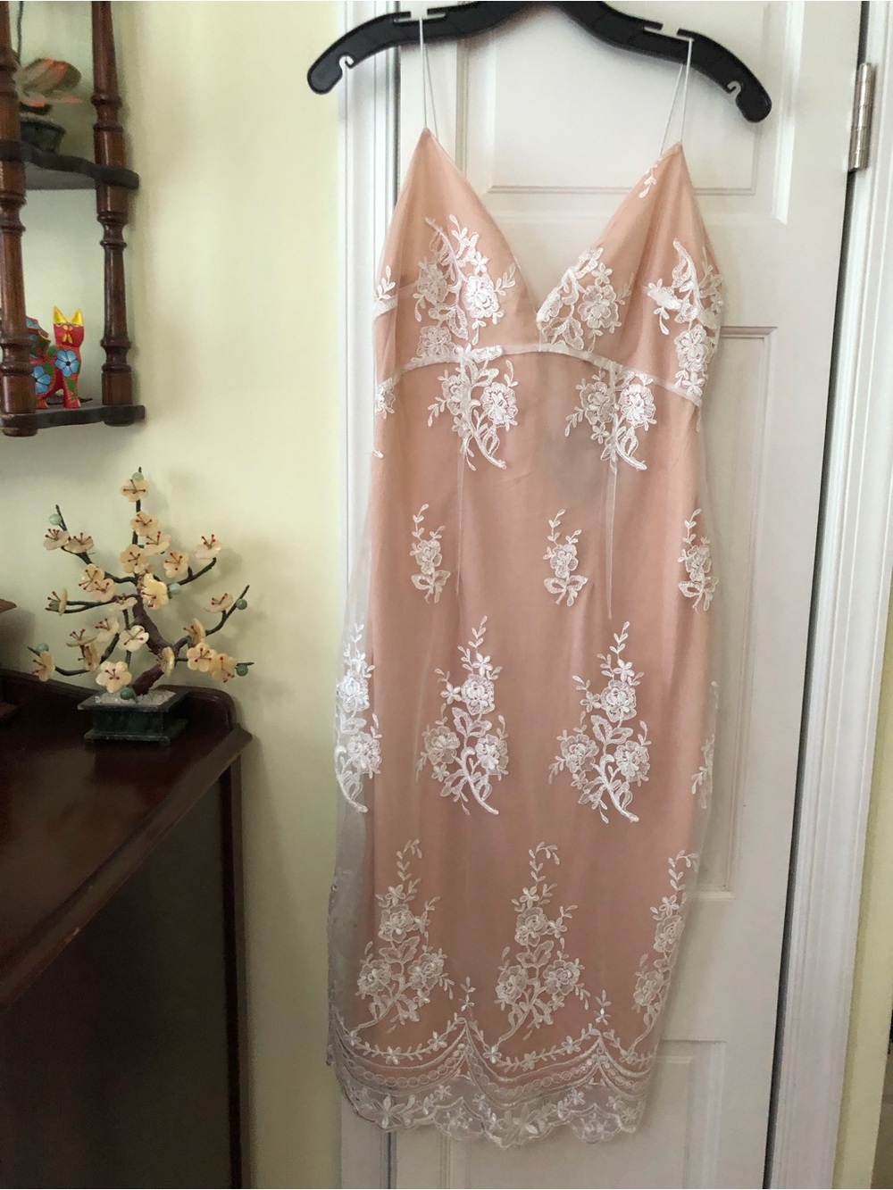 Club L London Blush Nude Midi Dress with White Floral Lace